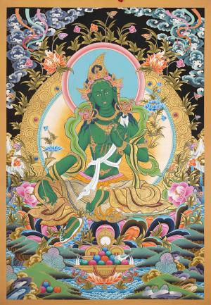 Green Tara High Quality Handpainted Thangka with detailed finishing | Cotton Canvas Painting for Meditation and wall hanging | Buddhist Art